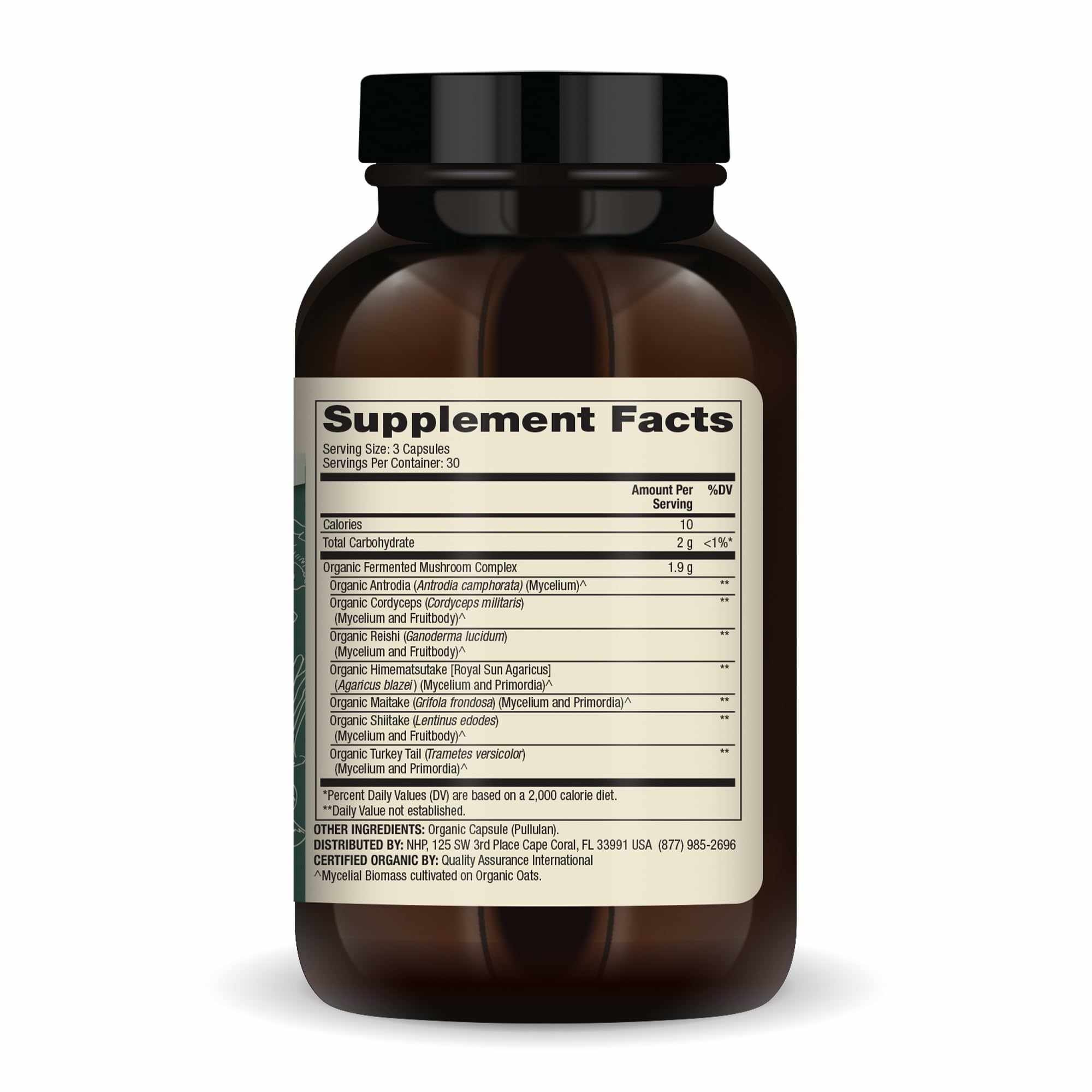 Dr. Mercola Organic Fermented Mushroom Complex label emphasizes organic and non-GMO ingredients