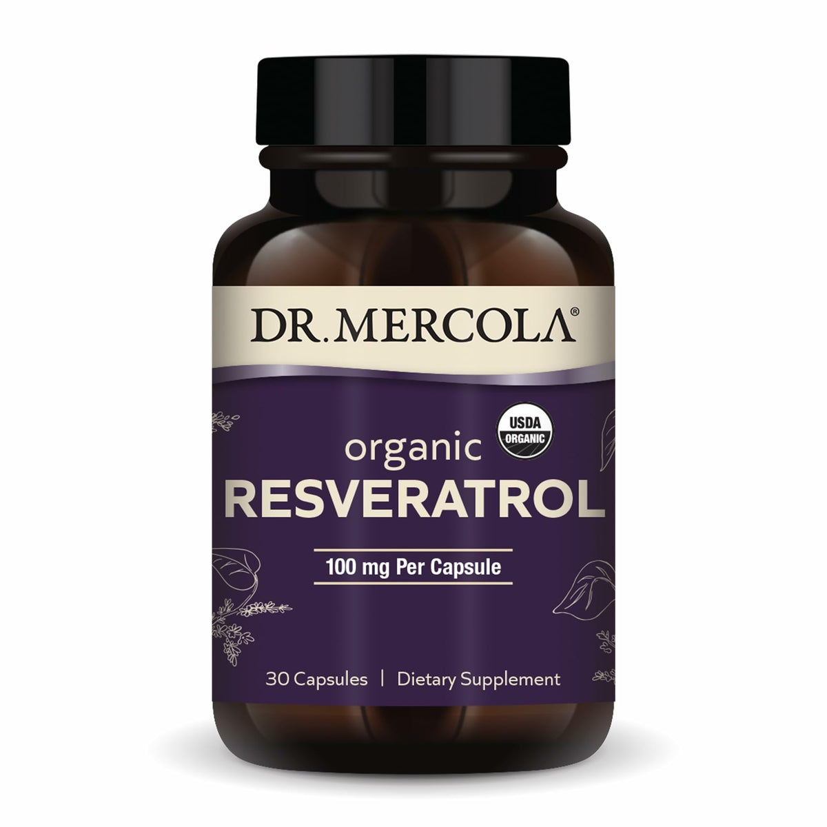 Dr. Mercola Organic Resveratrol bottle front shows organic sourcing and purity.