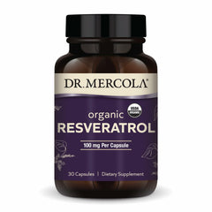 Dr. Mercola Organic Resveratrol bottle front shows organic sourcing and purity.
