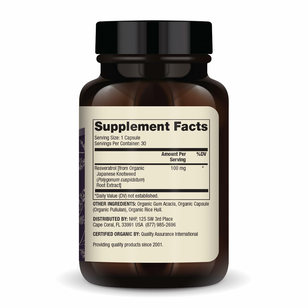 Close-up of Dr. Mercola Resveratrol capsules highlights 100 mg potency.