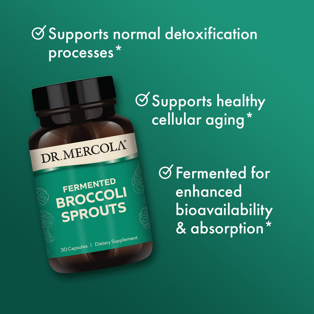 Dr. Mercola organic whole broccoli plant close up emphasizes fresh ingredients