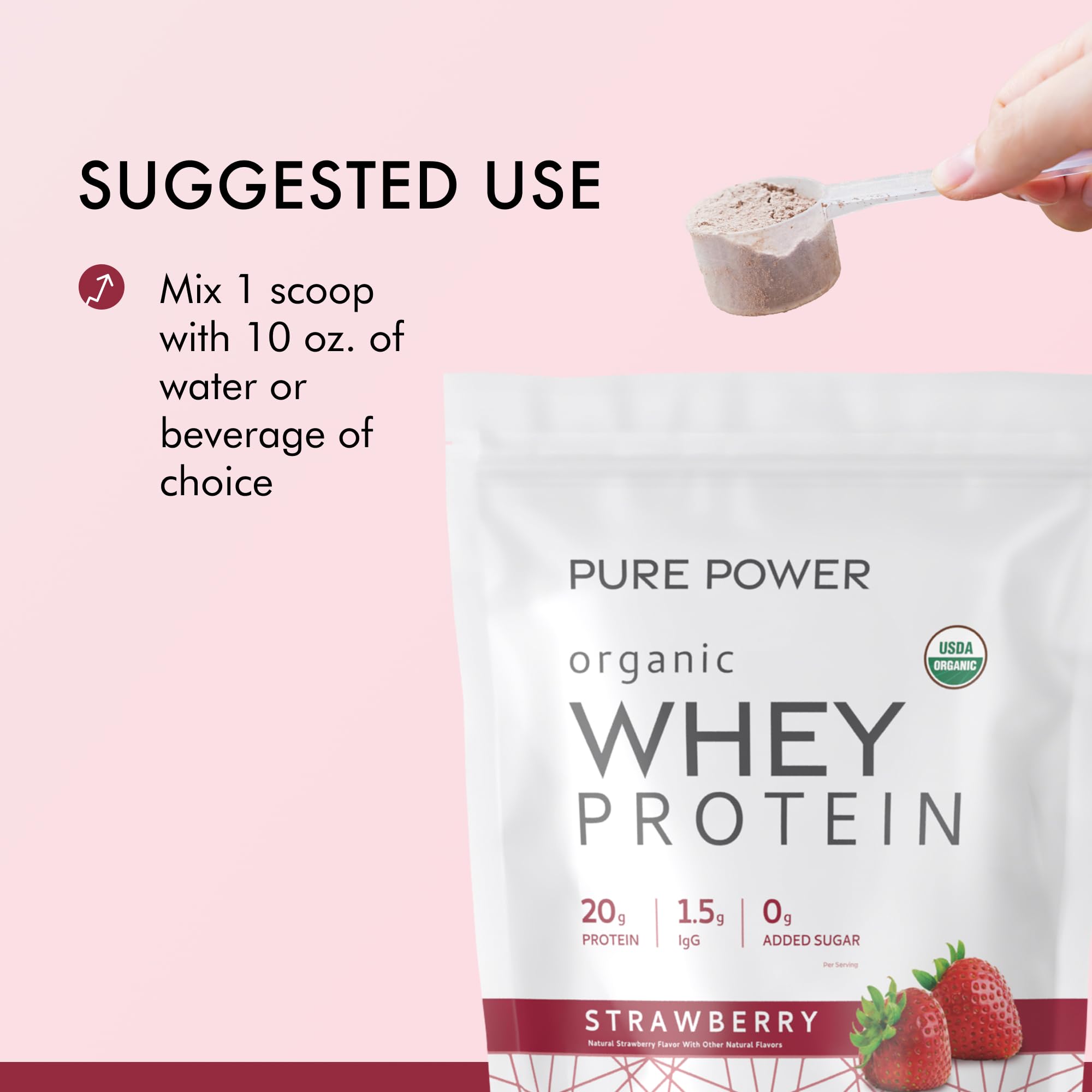 Glass with creamy shake from Dr. Mercola Pure Power Organic Whey Protein