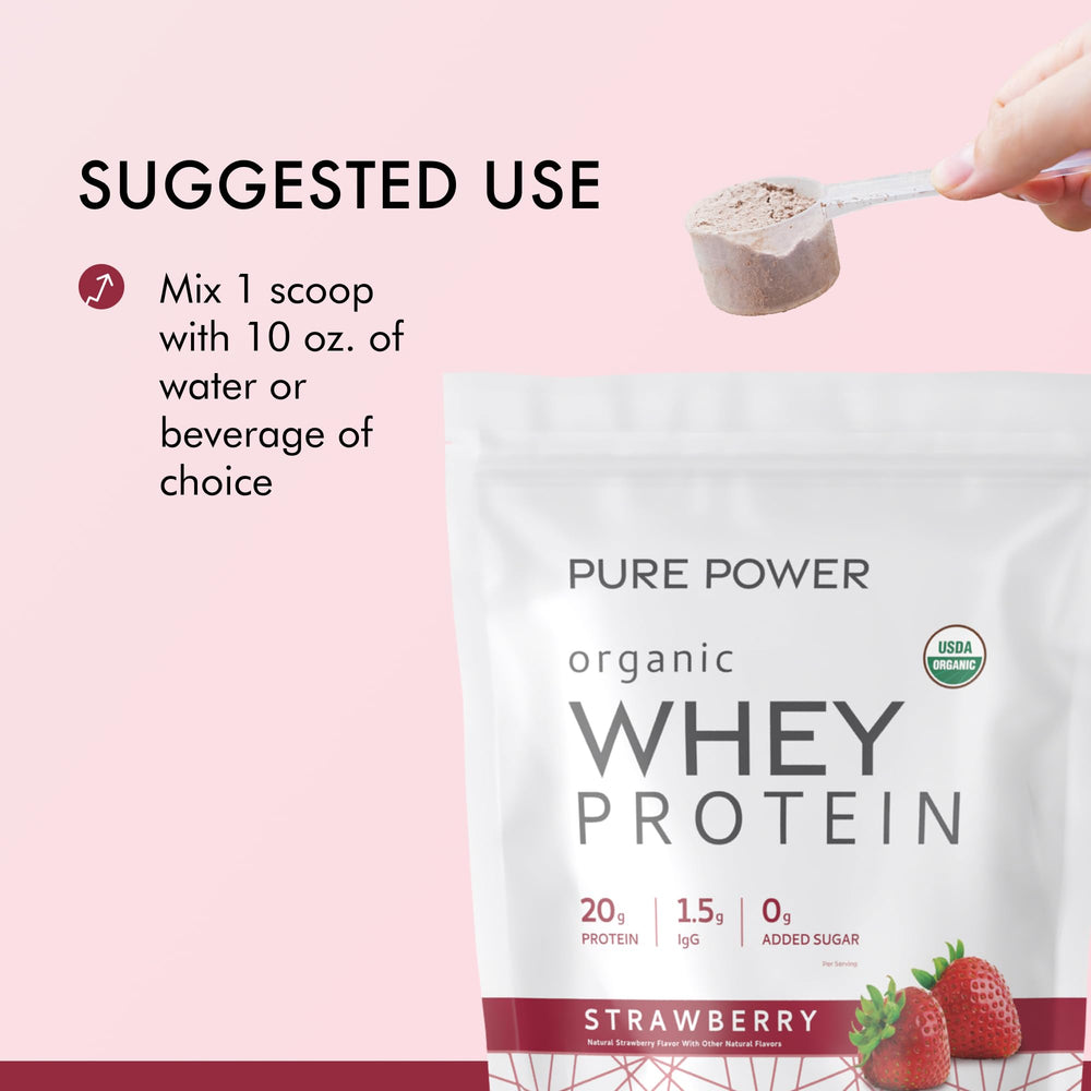 Glass with creamy shake from Dr. Mercola Pure Power Organic Whey Protein