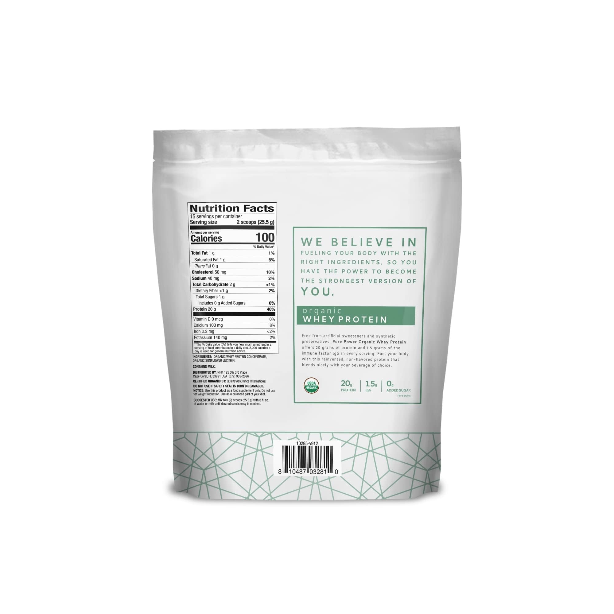 Dr. Mercola Pure Power Organic Whey Protein powder scoop image showing convenient 20 g servings