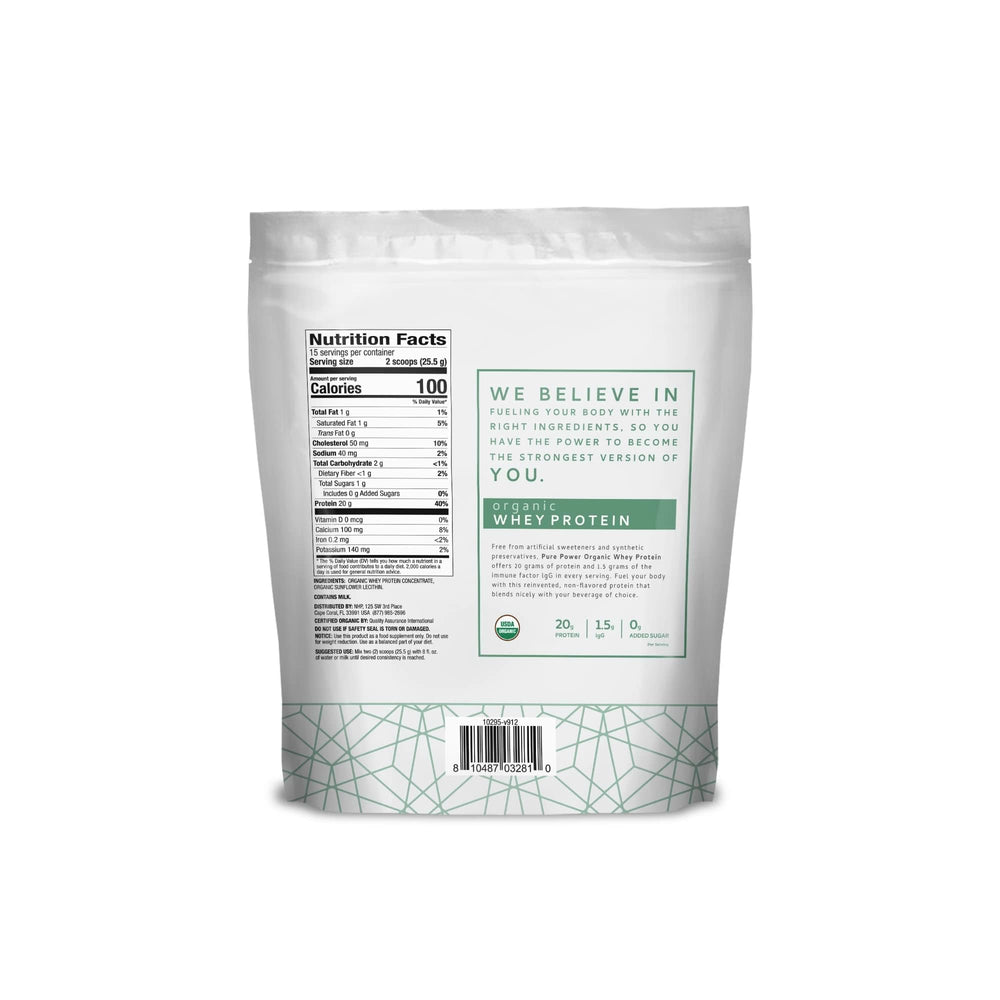 Dr. Mercola Pure Power Organic Whey Protein powder scoop image showing convenient 20 g servings
