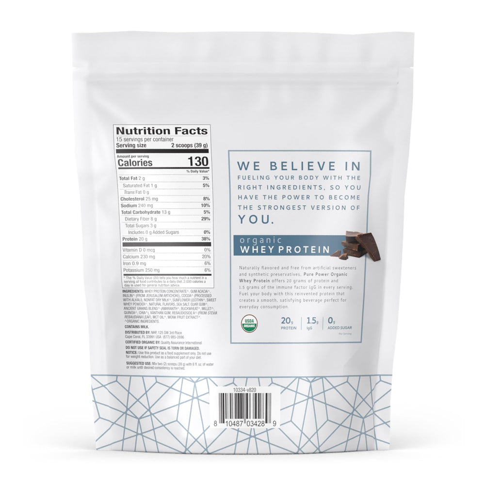 Close-up of Dr. Mercola Pure Power Organic Whey Protein scoop resting on the tub
