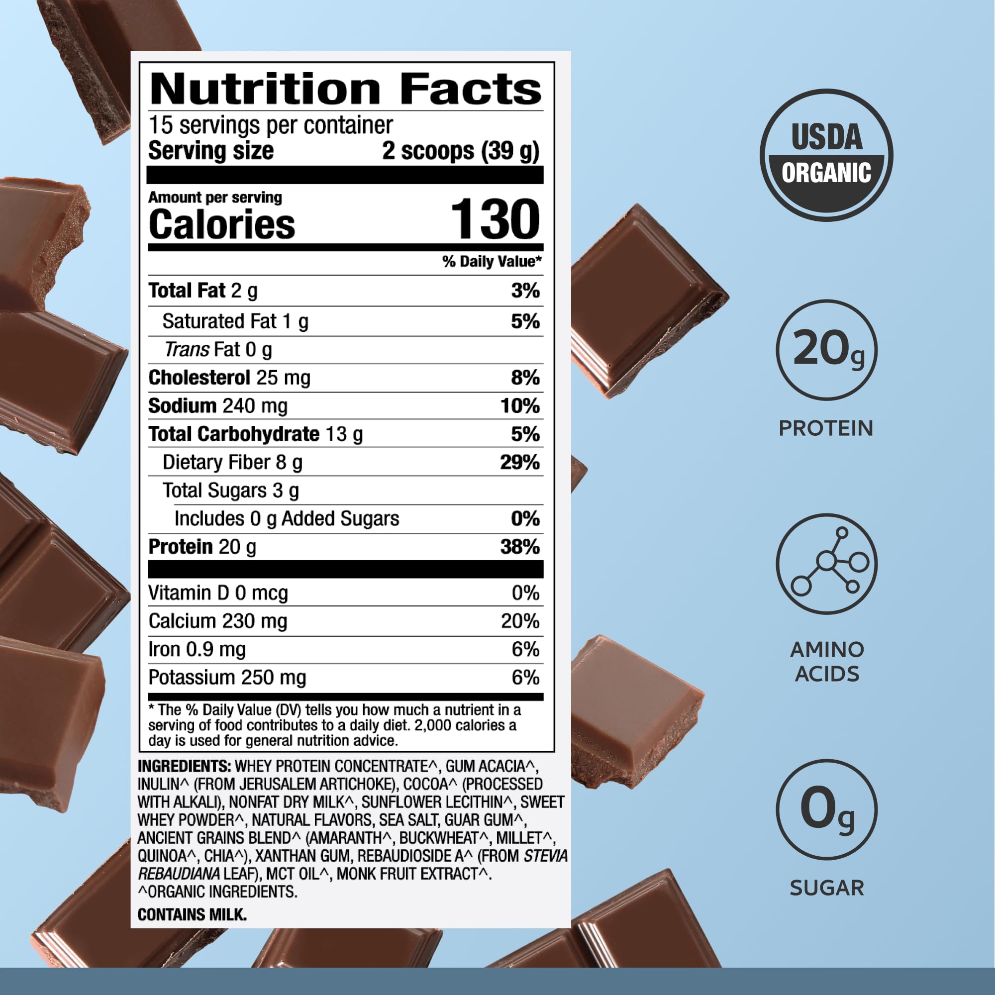 Glass of chocolate shake made with Dr. Mercola Pure Power Organic Whey Protein