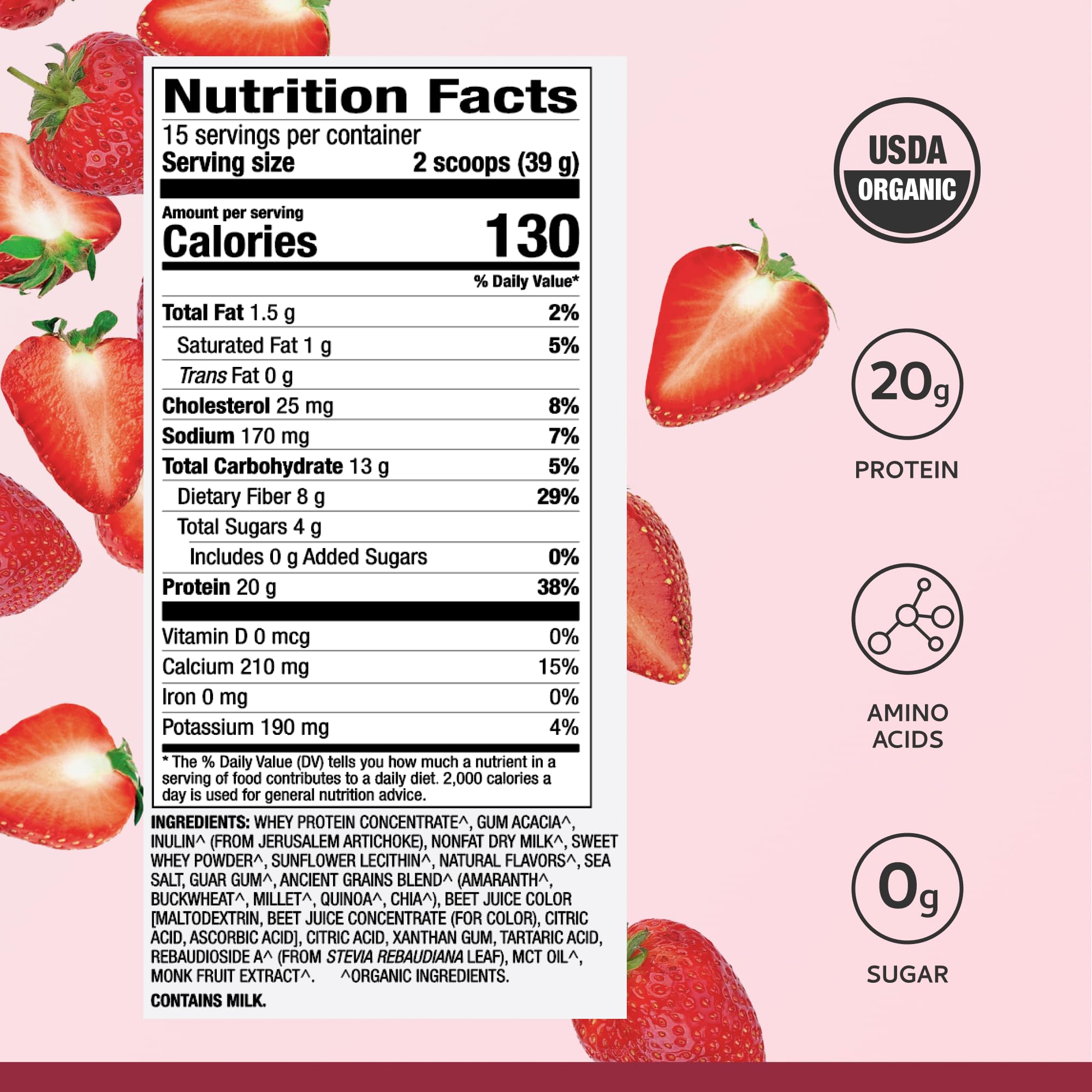 Shaker with frothy strawberry shake from Dr. Mercola whey protein powder