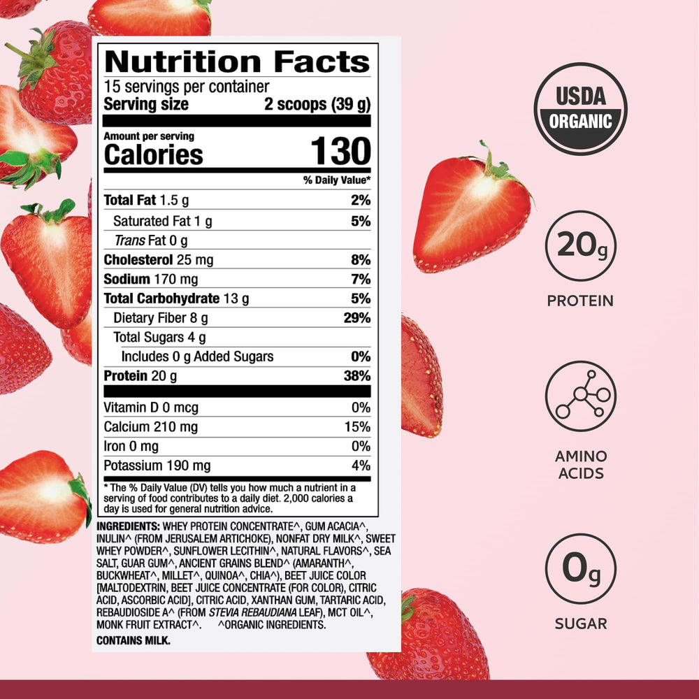 Shaker with frothy strawberry shake from Dr. Mercola whey protein powder