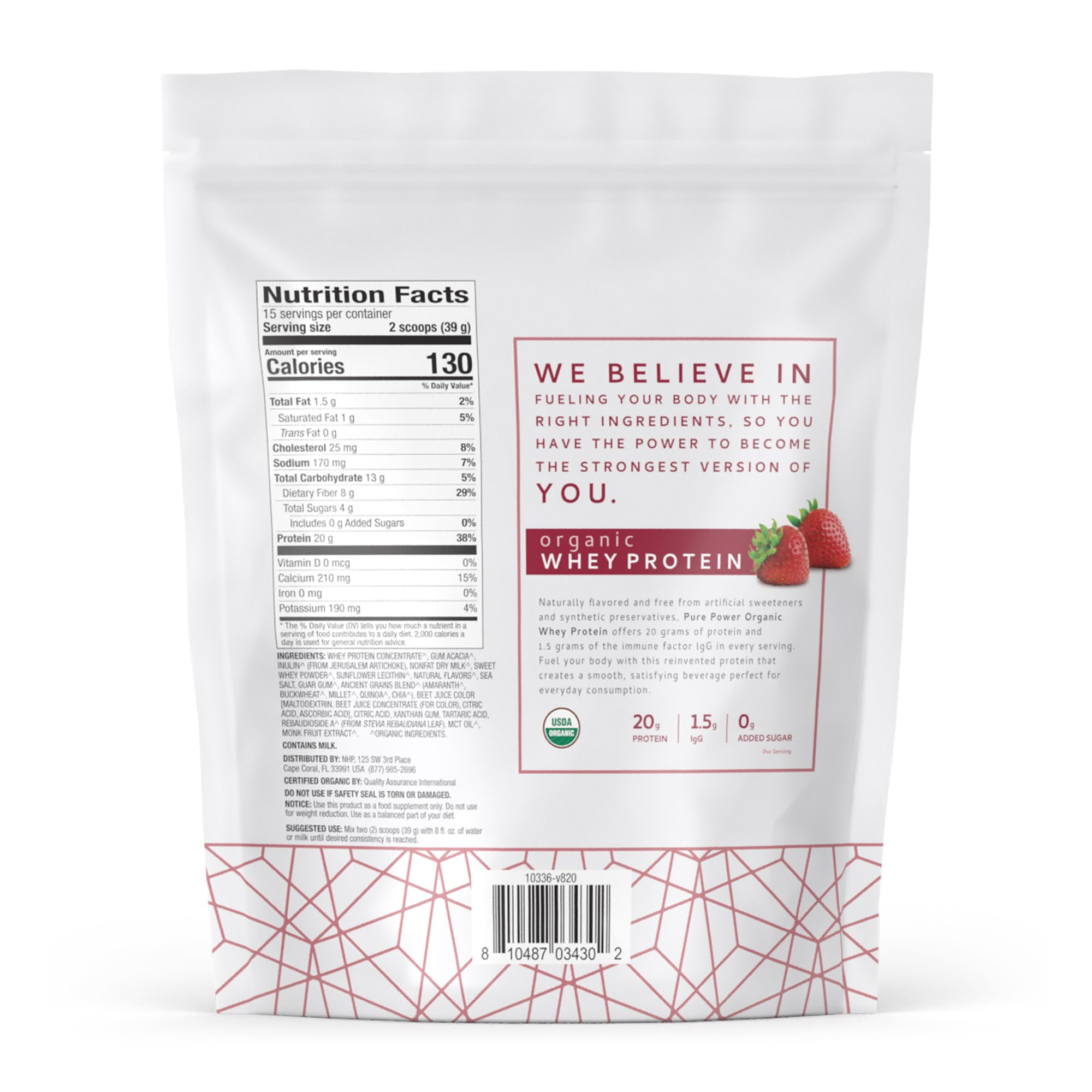 Scoop and bag of Dr. Mercola Pure Power Organic Whey Protein showing 20 g protein