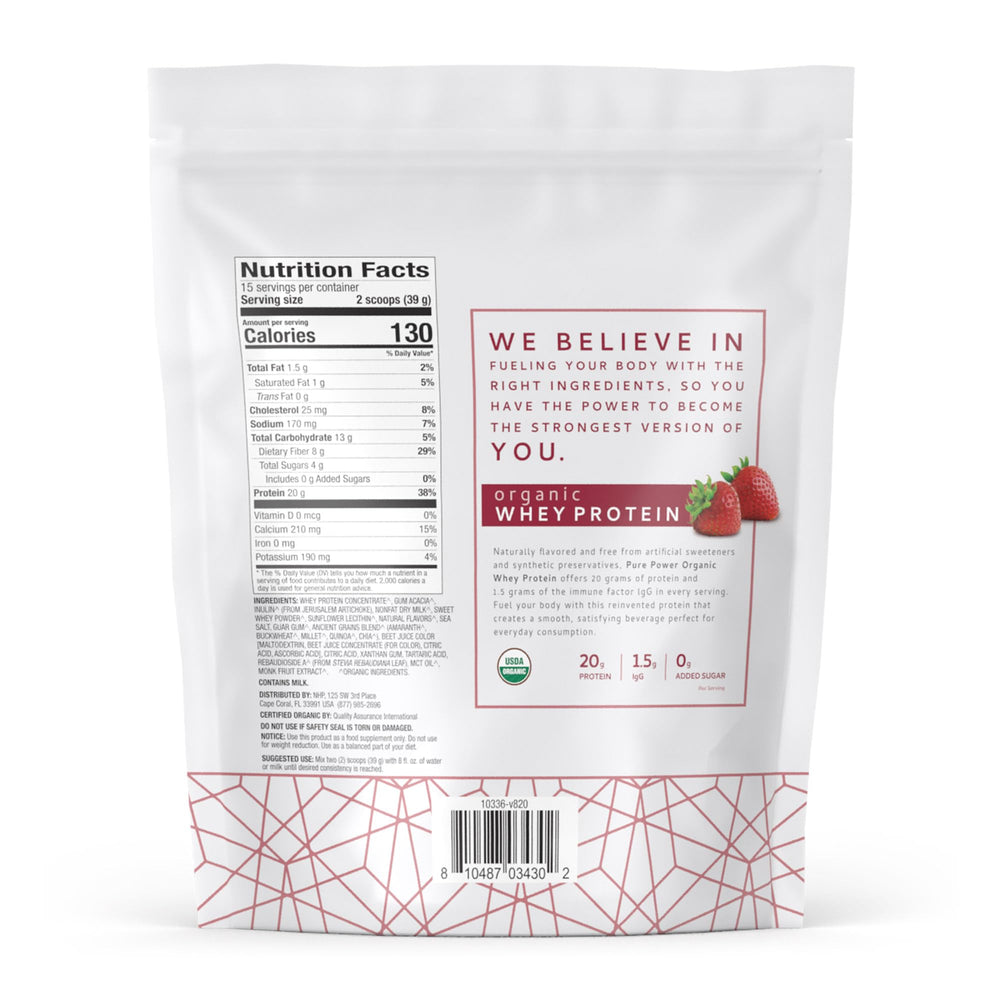 Scoop and bag of Dr. Mercola Pure Power Organic Whey Protein showing 20 g protein