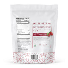 Scoop and bag of Dr. Mercola Pure Power Organic Whey Protein showing 20 g protein