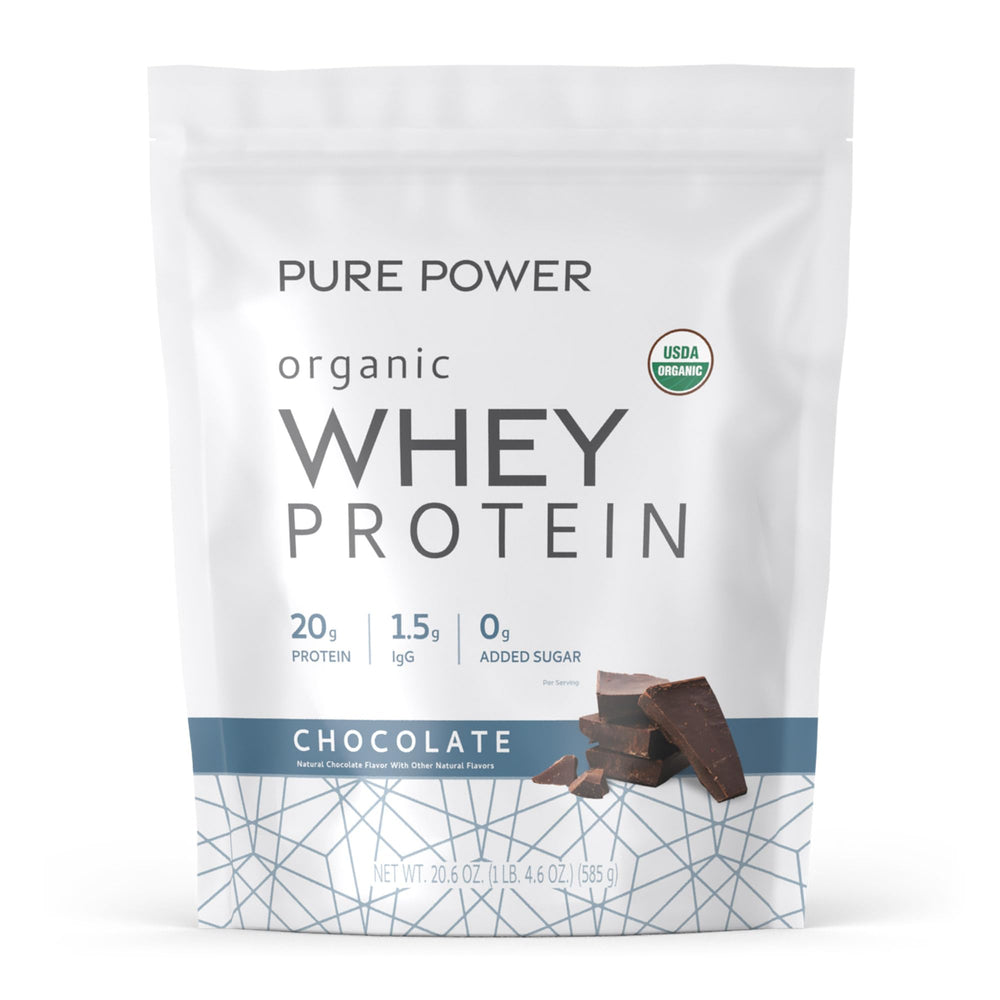 Dr. Mercola Pure Power Organic Whey Protein chocolate tub ready for mixing, post-workout use