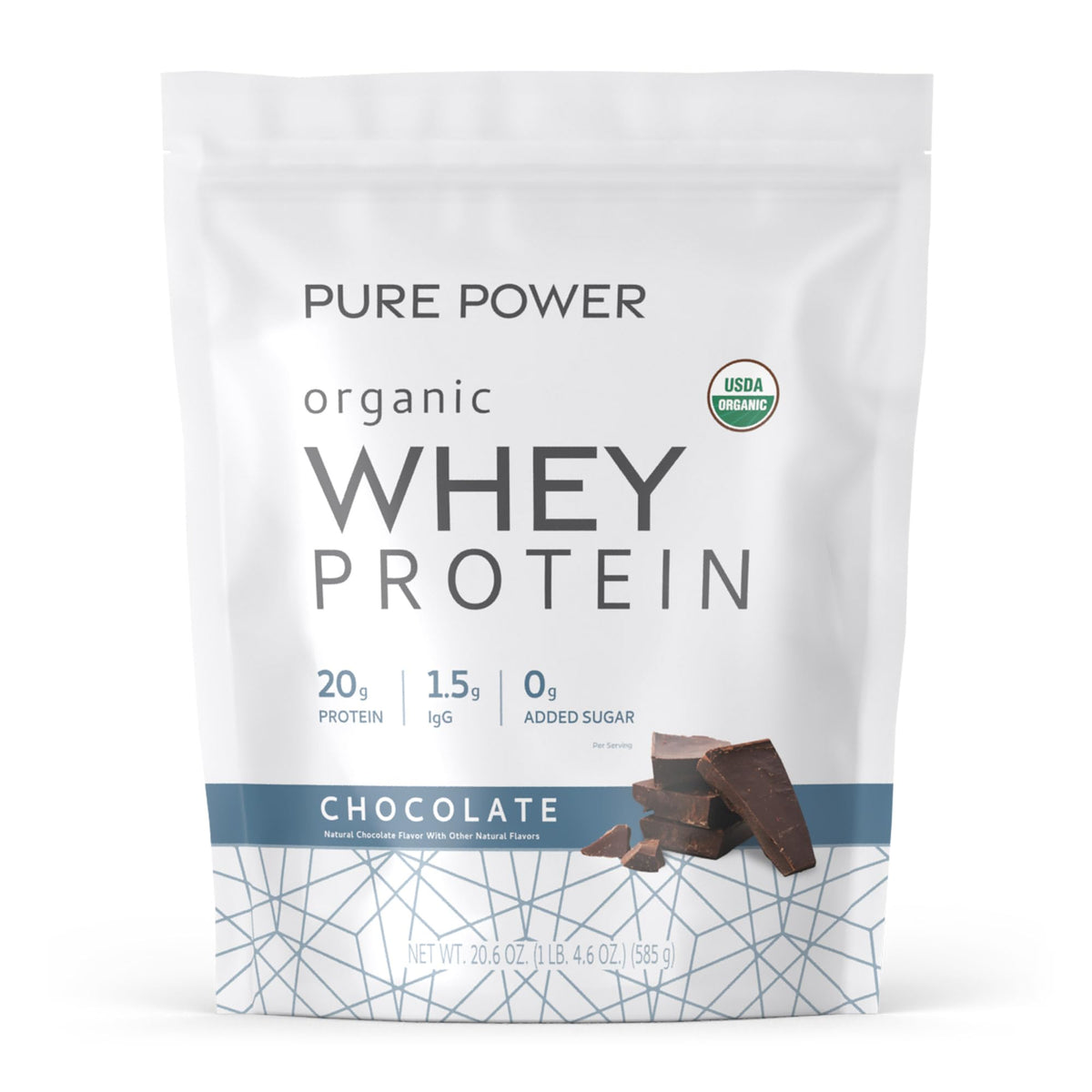 Dr. Mercola Pure Power Organic Whey Protein chocolate tub ready for mixing, post-workout use