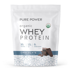 Dr. Mercola Pure Power Organic Whey Protein chocolate tub ready for mixing, post-workout use
