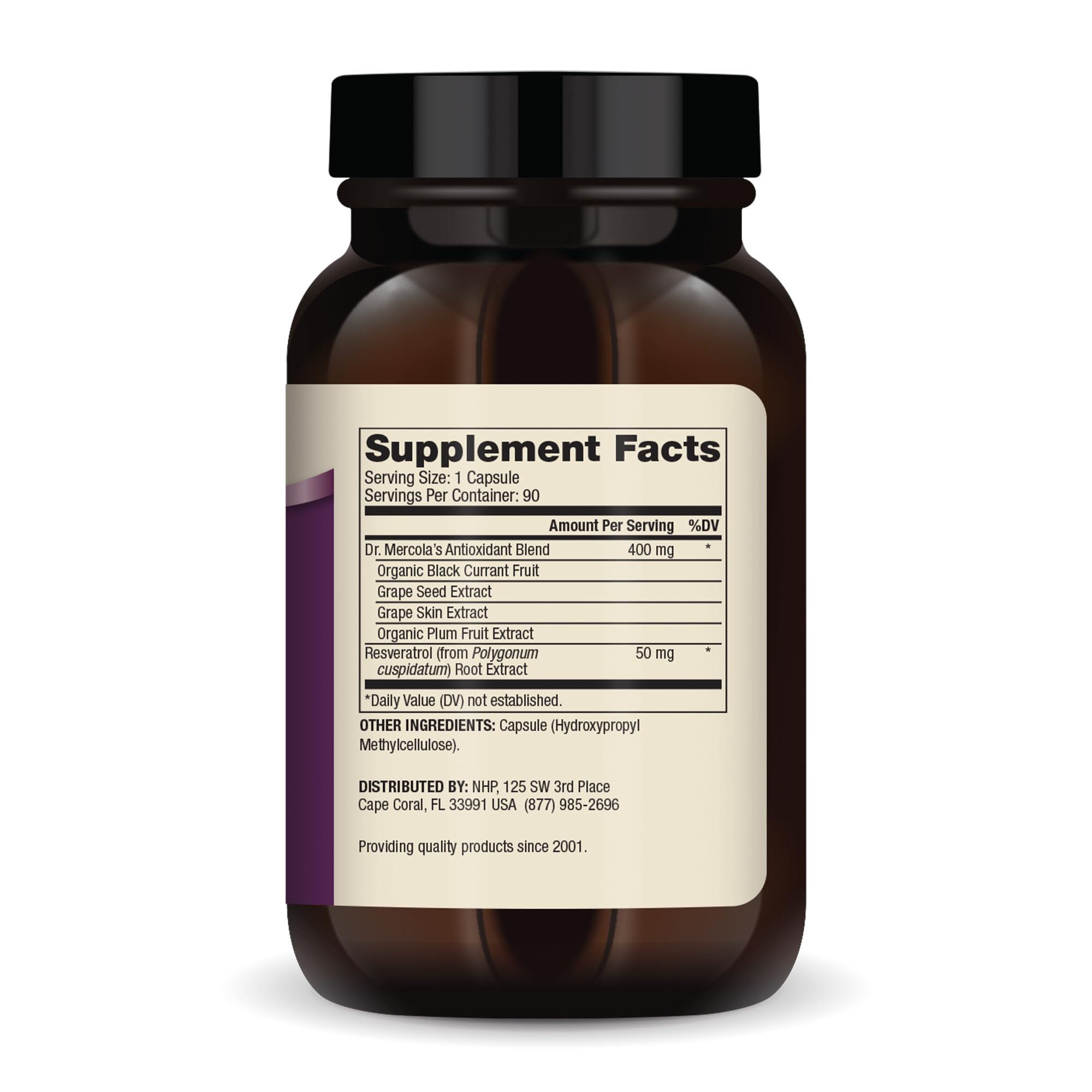 Close-up of Dr. Mercola Purple Defense label and resveratrol claim