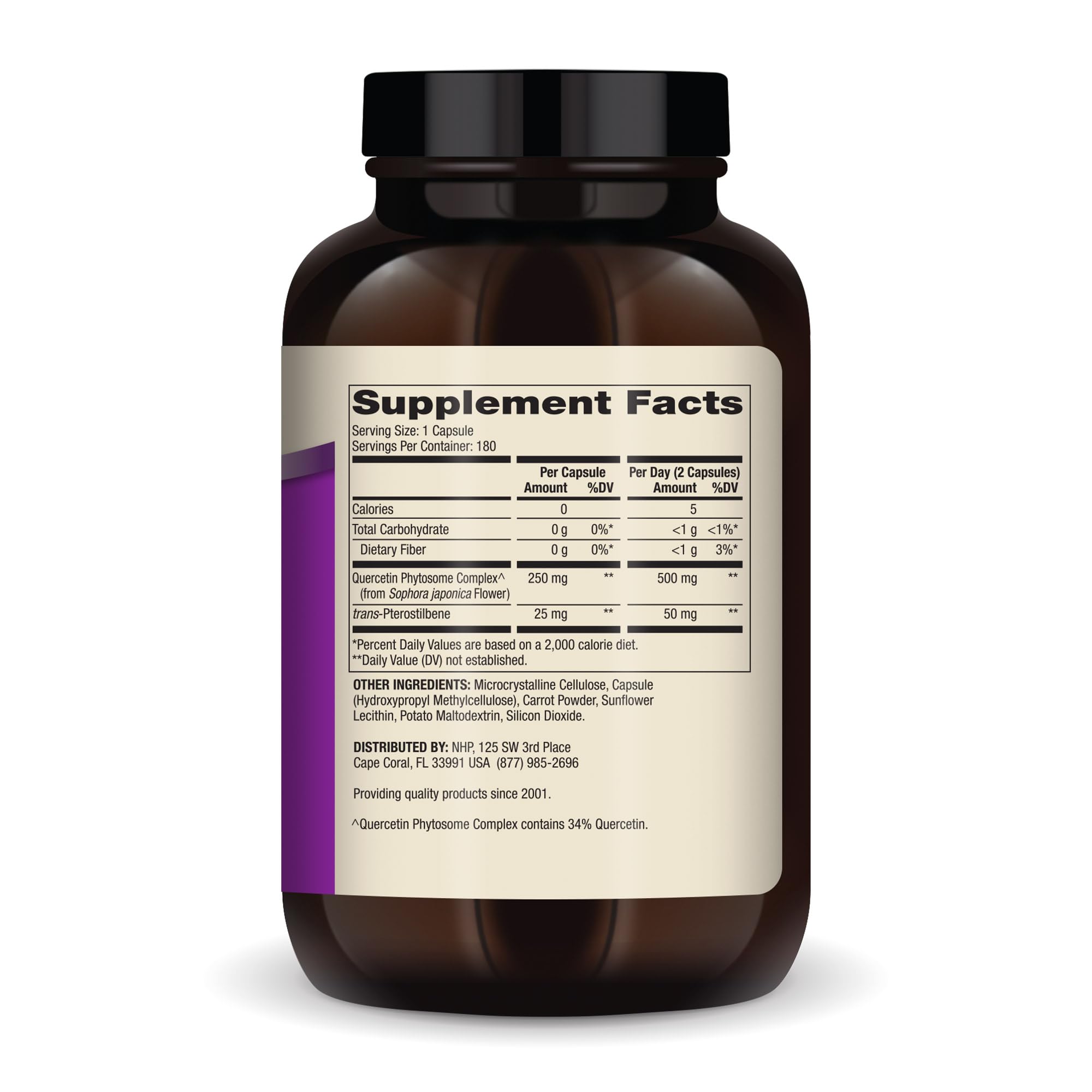 Dr. Mercola Quercetin & Pterostilbene Advanced bottle back label with non-GMO notes.