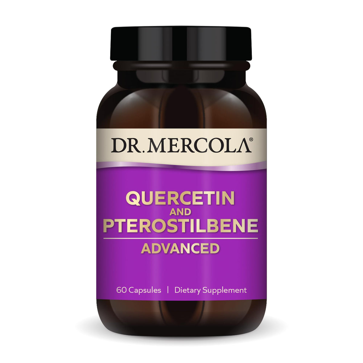 Dr. Mercola Quercetin & Pterostilbene Advanced bottle highlights high-bioavailability formula for daily immune support.