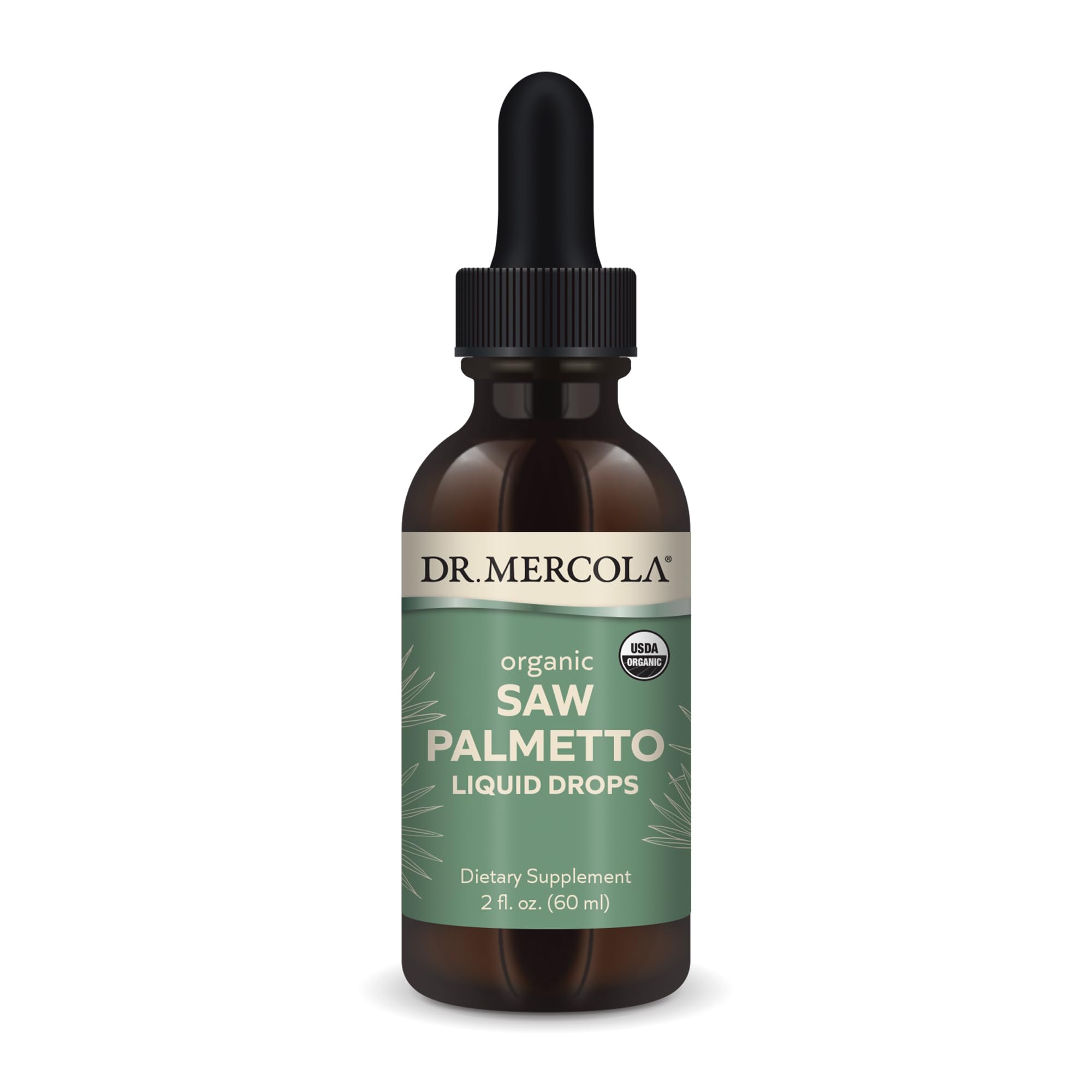Dr Mercola Saw Palmetto Liquid Drops bottle showing organic formula for daily support