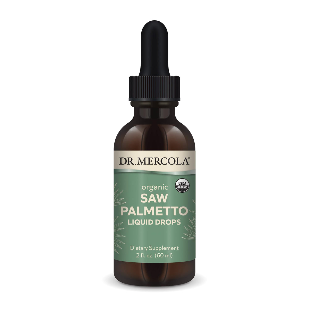 Dr Mercola Saw Palmetto Liquid Drops bottle showing organic formula for daily support