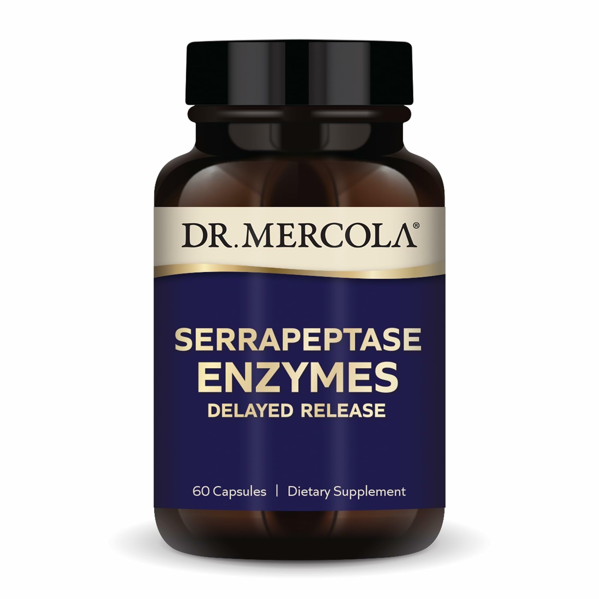 Dr Mercola Serrapeptase Enzymes bottle with delayed-release capsules for cellular wellness