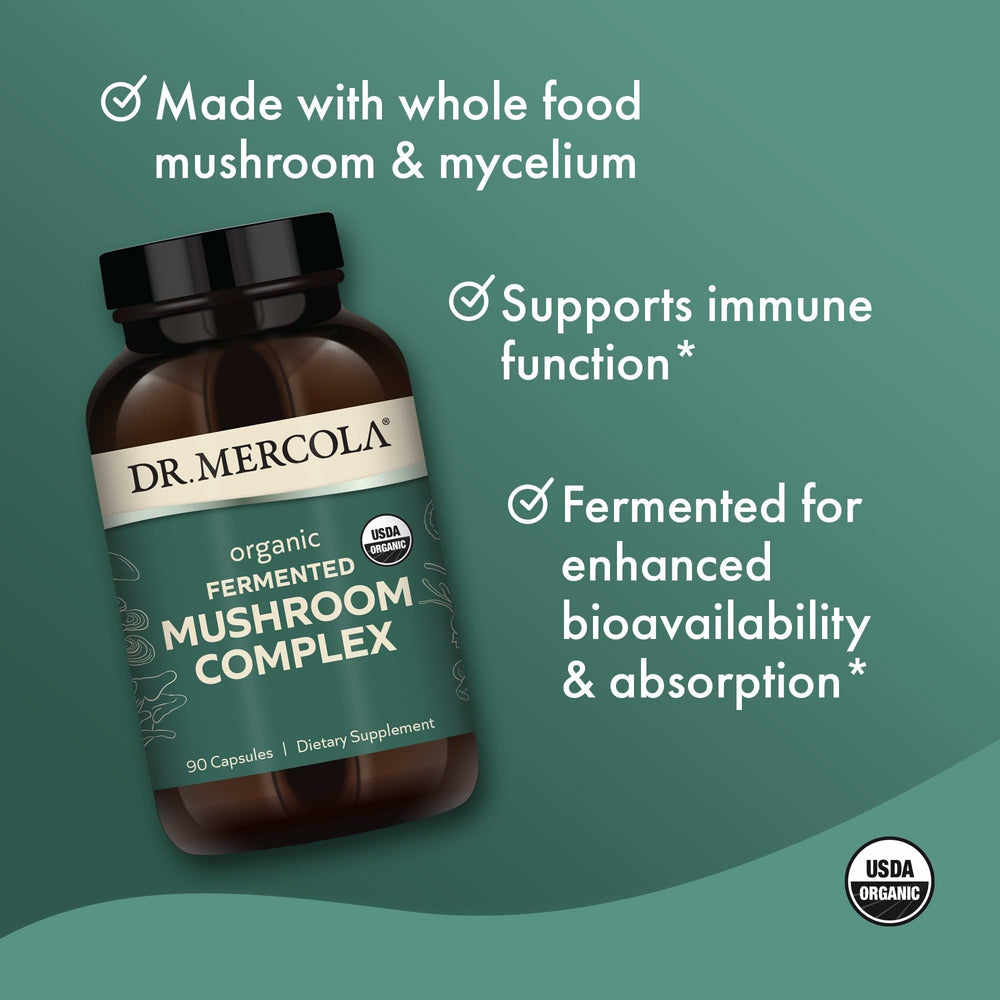 Dr. Mercola Fermented Mushroom Complex seven-species mushroom blend bottle label