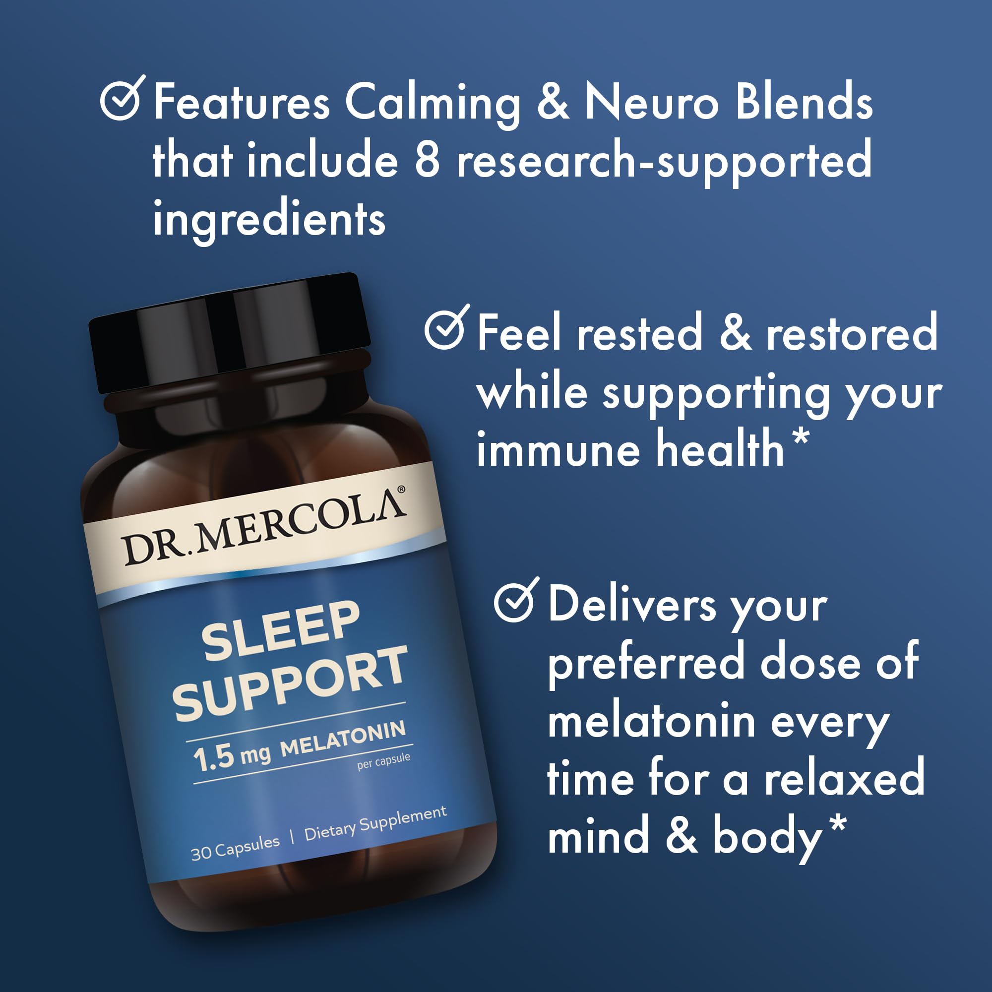 Dr. Mercola Sleep Support bottle packaging displayed for convenient nightly use.