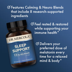 Dr. Mercola Sleep Support bottle packaging displayed for convenient nightly use.
