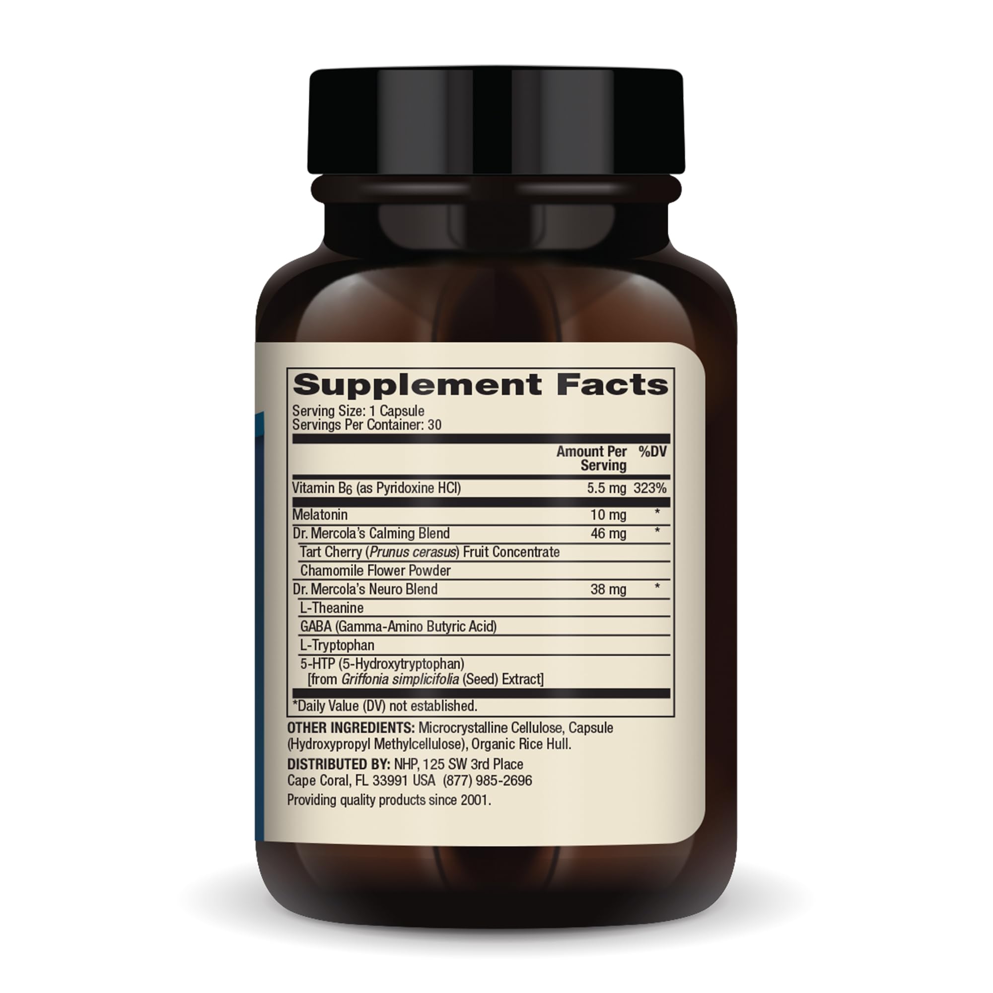 Dr Mercola Sleep Support capsules closeup show 10 mg melatonin per serving