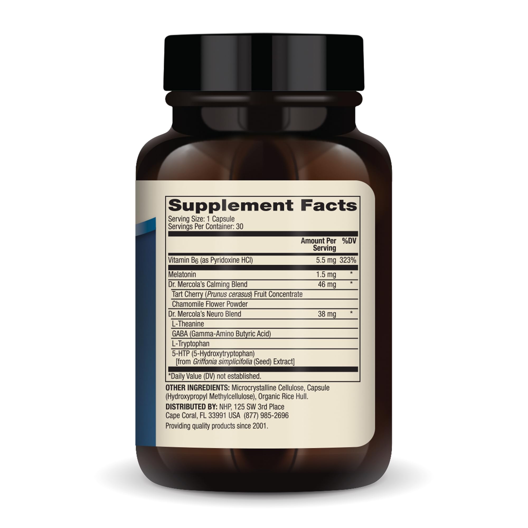 Dr. Mercola Sleep Support capsules closeup highlighting the 1.5 mg melatonin dose.