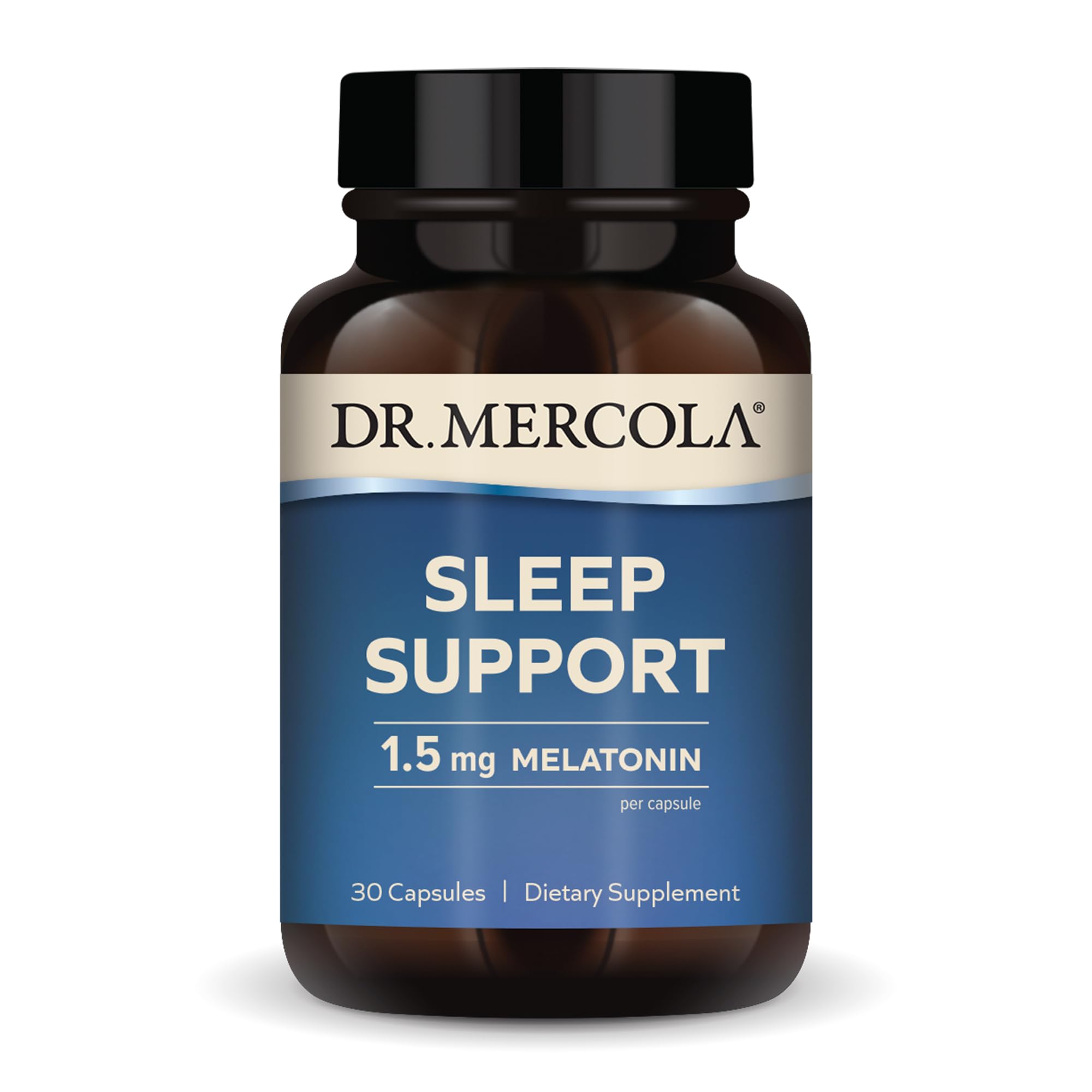 Dr. Mercola Sleep Support bottle front view for a calm night routine.