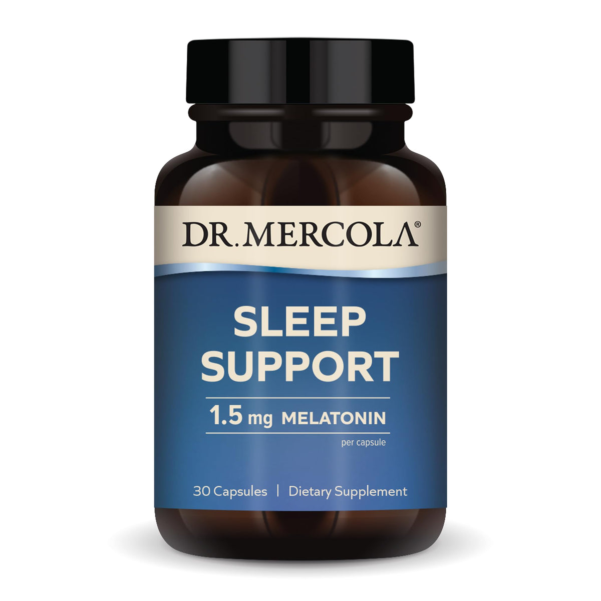 Dr. Mercola Sleep Support bottle front view for a calm night routine.