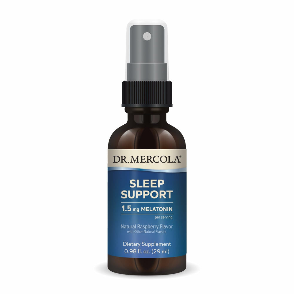 Dr. Mercola Sleep Support spray bottle with raspberry flavor for easy nightly use.