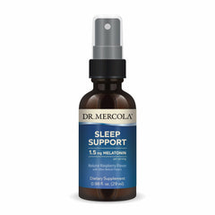 Dr. Mercola Sleep Support spray bottle with raspberry flavor for easy nightly use.