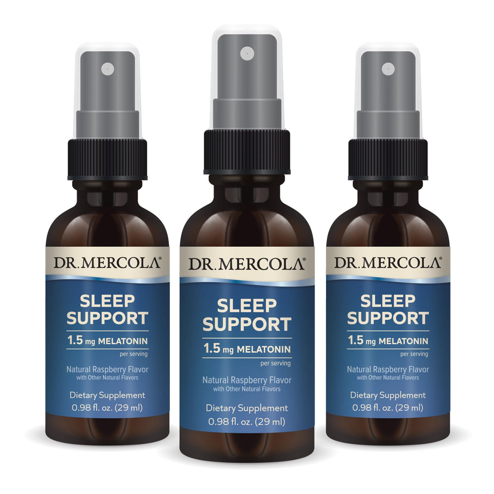Dr. Mercola Sleep Support raspberry spray bottle promotes a calming bedtime routine.