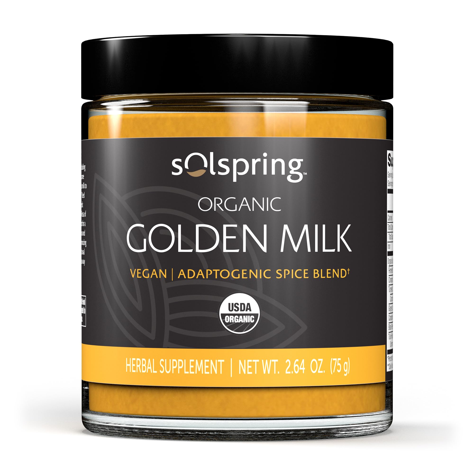 Dr. Mercola Solspring Organic Golden Milk bottle front for a comforting daily ritual.