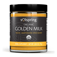 Dr. Mercola Solspring Organic Golden Milk bottle front for a comforting daily ritual.