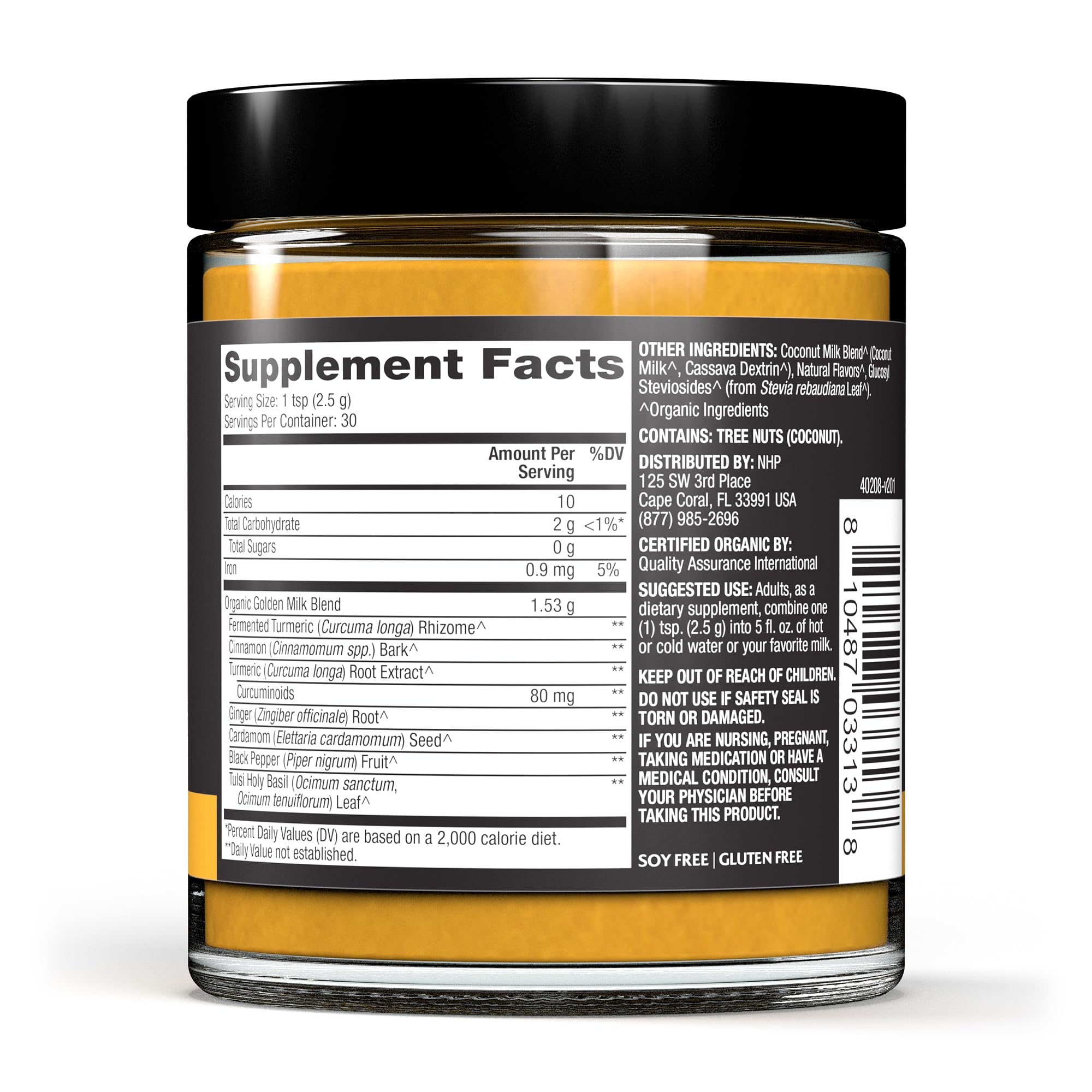Close-up of Dr. Mercola Solspring Organic Golden Milk label and certifications.