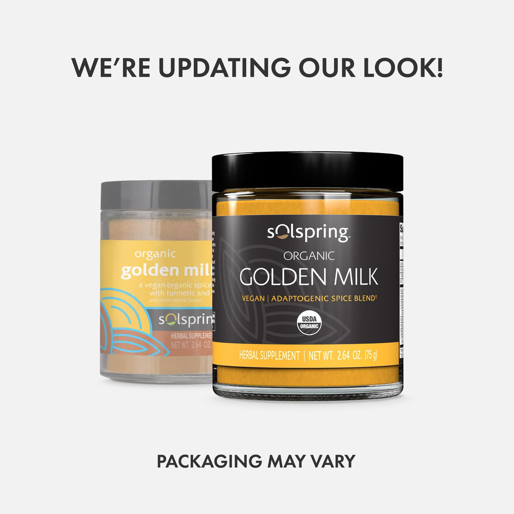 Pouring Dr. Mercola Solspring Golden Milk into a warm cup for cozy evenings.