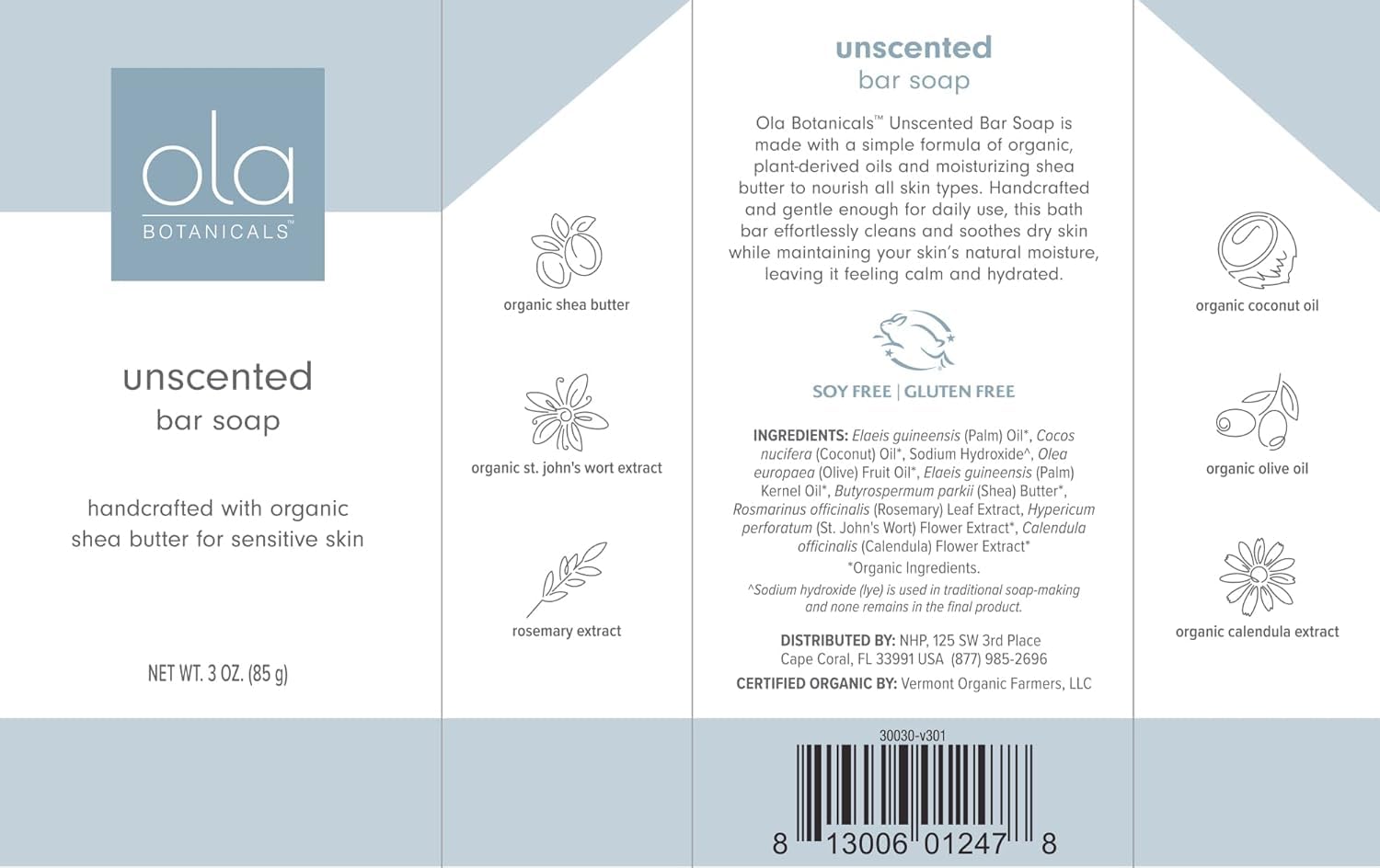 Close up of Dr Mercola soothing bar soap showing organic oil blend for skin nourishment