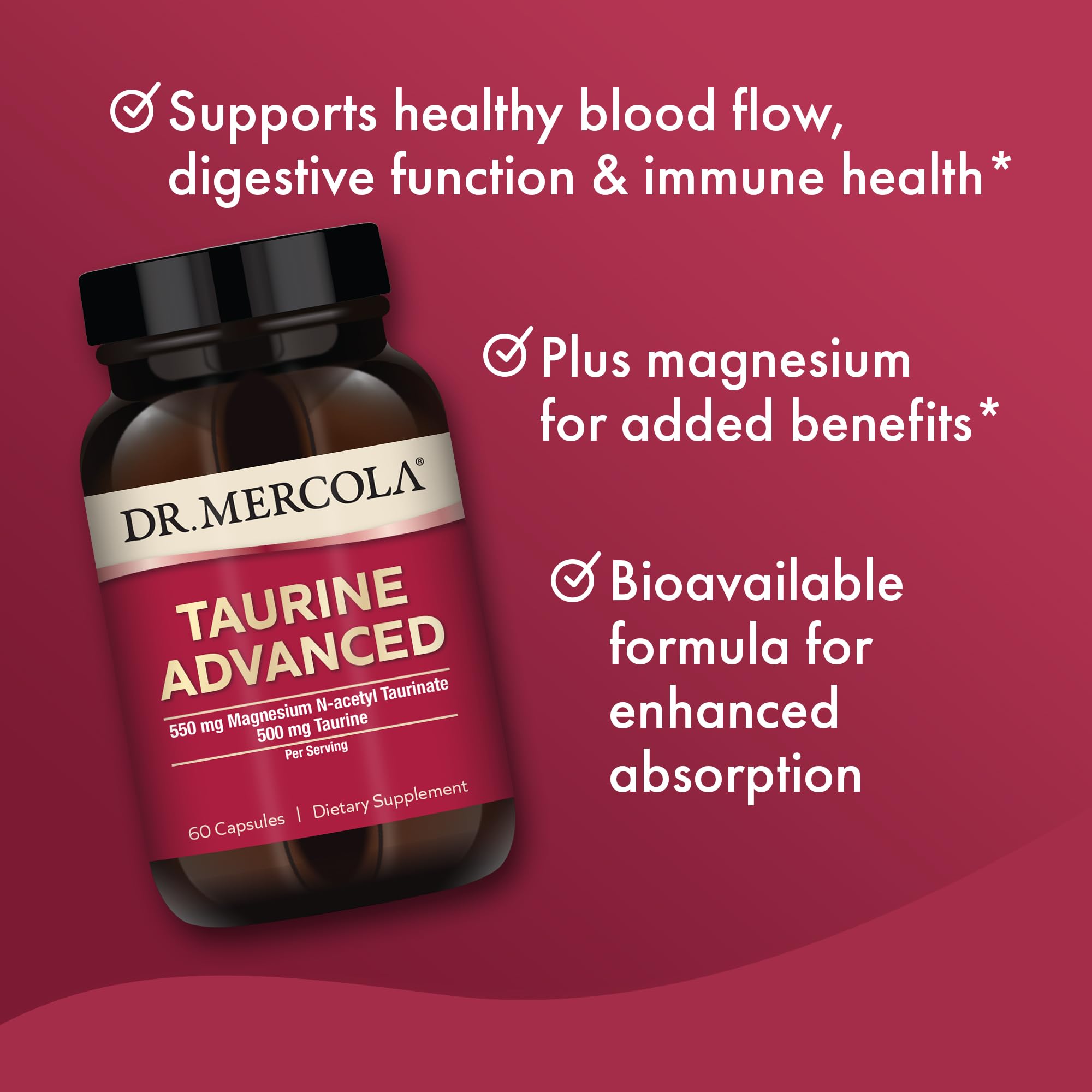 Dr. Mercola Taurine Advanced label detail emphasizes magnesium taurinate absorption