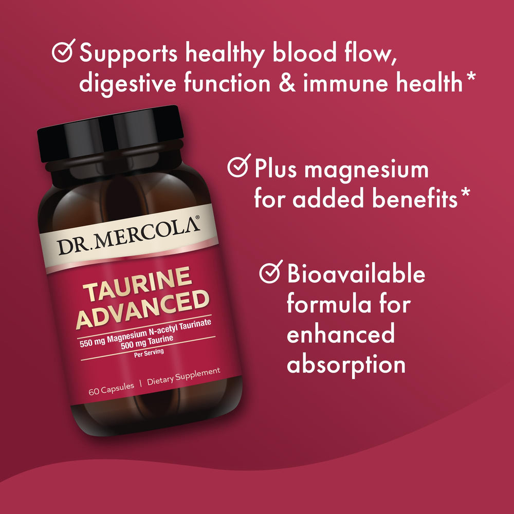 Dr. Mercola Taurine Advanced label detail emphasizes magnesium taurinate absorption