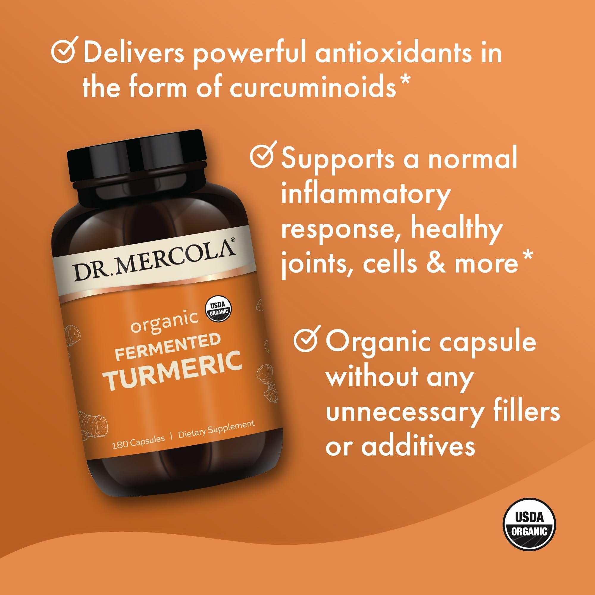 Turmeric rhizome image with Dr. Mercola branding and organic source.