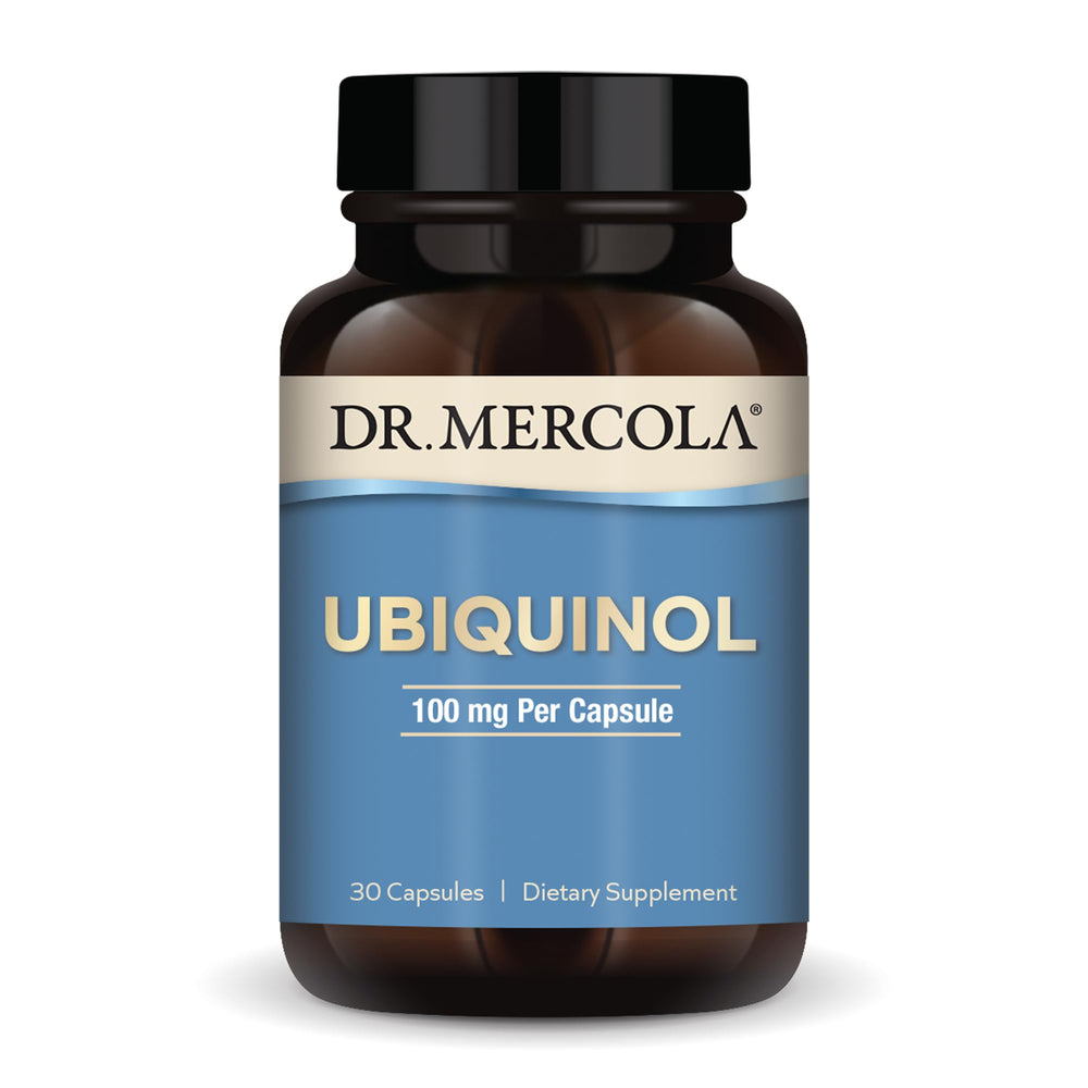Dr. Mercola Ubiquinol 100 mg bottle close-up for antioxidant support and energy metabolism.