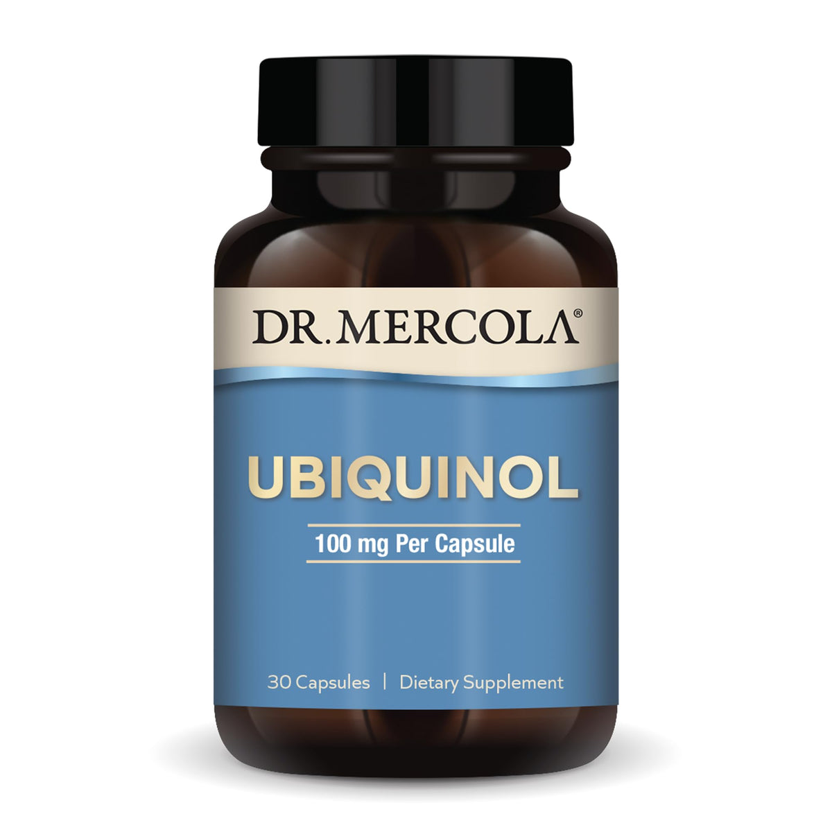 Dr. Mercola Ubiquinol 100 mg bottle close-up for antioxidant support and energy metabolism.