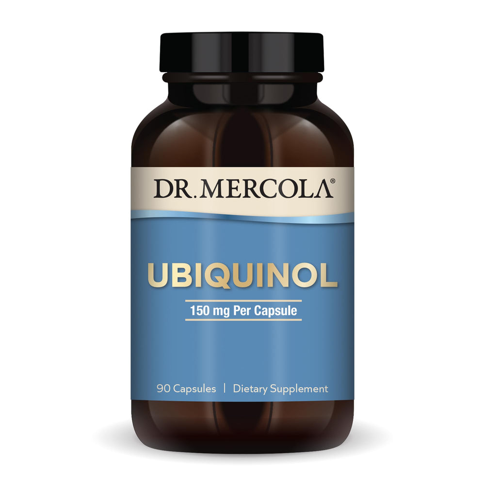 Dr Mercola Ubiquinol bottle showing 150 mg serving for energy support and antioxidant potential.