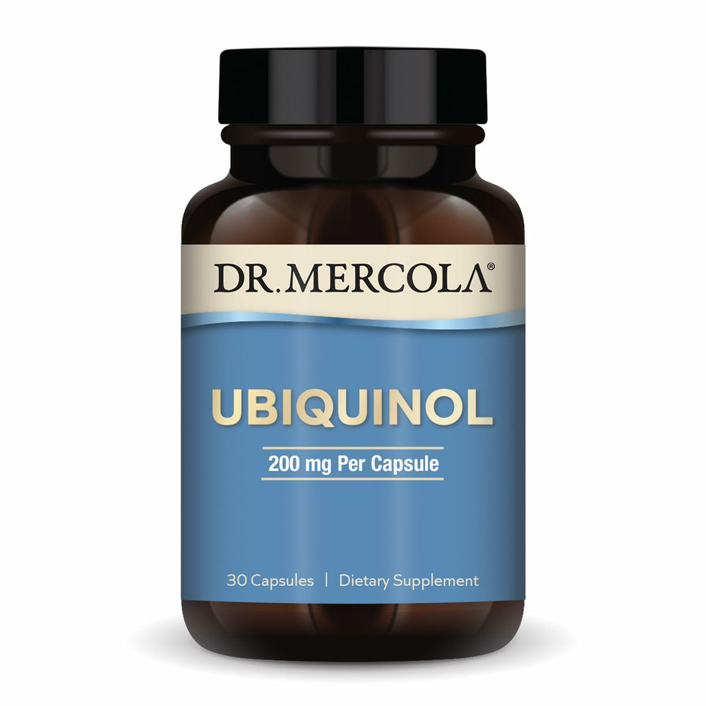 Dr. Mercola Ubiquinol bottle close-up highlighting high-absorption formula for energy support.