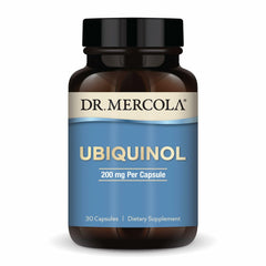 Dr. Mercola Ubiquinol bottle close-up highlighting high-absorption formula for energy support.