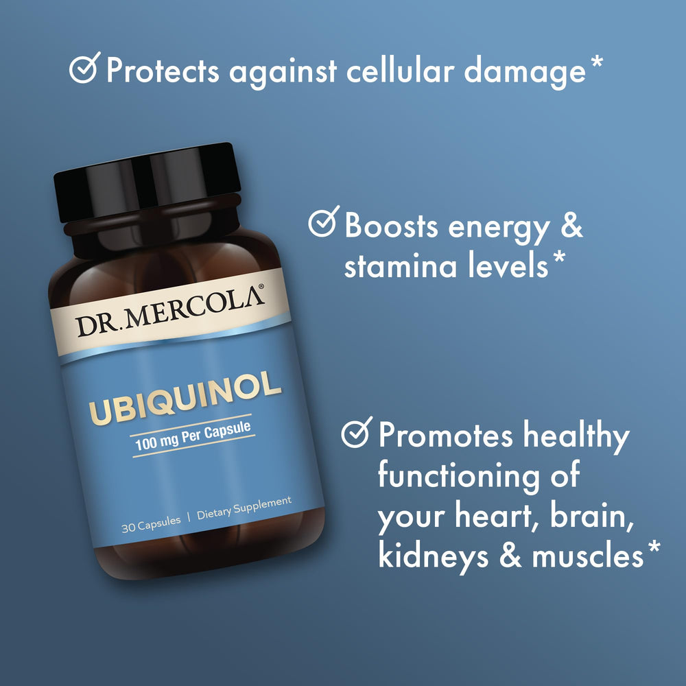 Dr. Mercola Ubiquinol supplement pouring imagery ideal for daily routines.