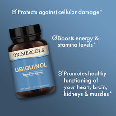 Dr. Mercola Ubiquinol supplement pouring imagery ideal for daily routines.